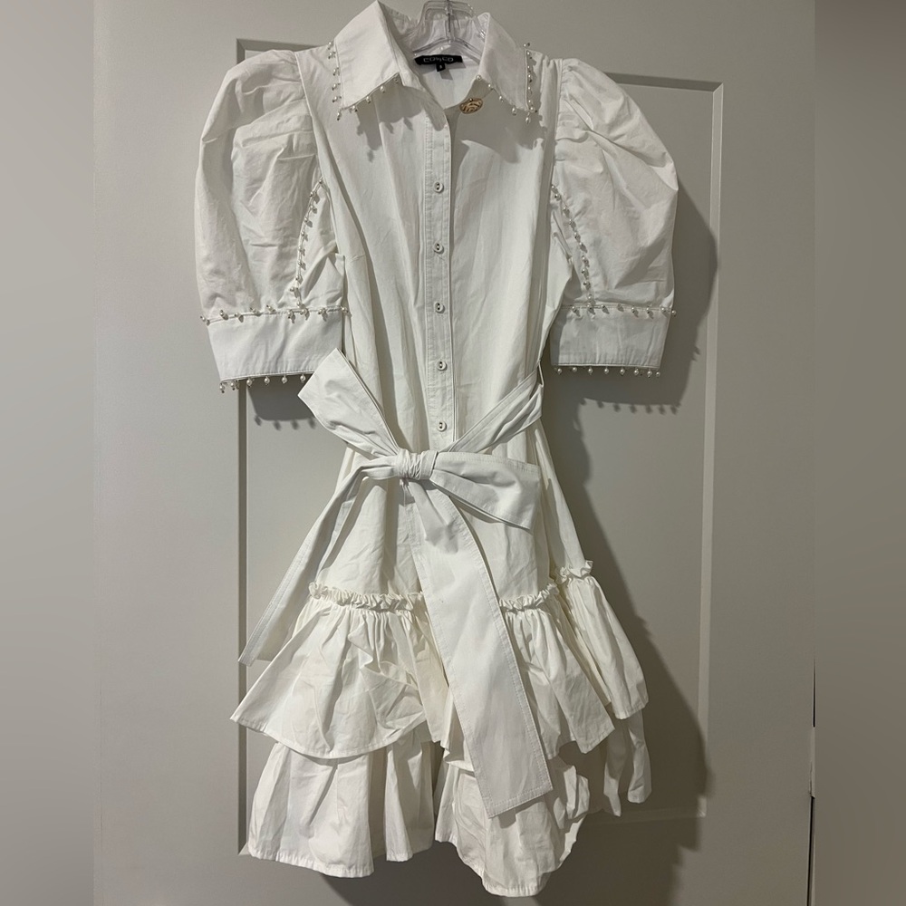 White Ruffle Button-Front Dress with Tie Waist